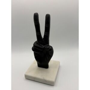 Matte Black Cast Iron Peace Sign Hand Sculpture on White Marble Base Decor